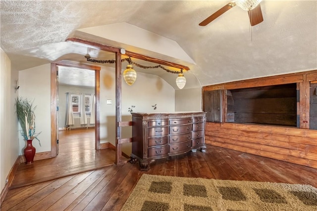 interior space featuring lofted ceiling, dark hardwood / wood-style flooring, and a textured ceiling