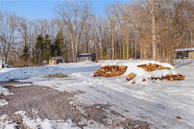 yard layered in snow featuring a storage shed