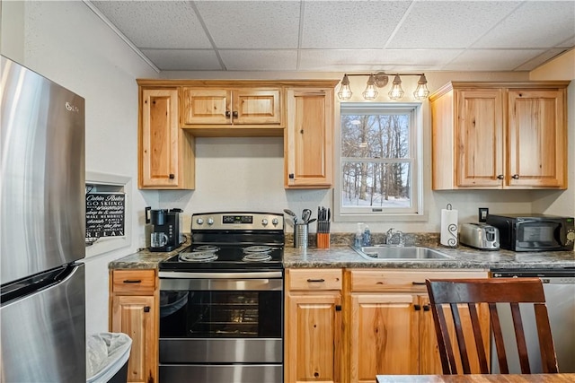 kitchen featuring appliances with stainless steel finishes, sink, light brown cabinets, and a drop ceiling