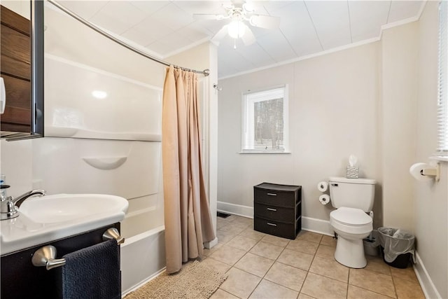 full bathroom with tile patterned flooring, ornamental molding, shower / bathtub combination with curtain, and toilet