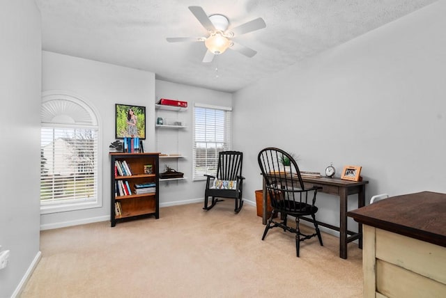 carpeted office space with ceiling fan and a textured ceiling