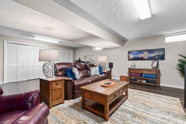 living room featuring hardwood / wood-style flooring and a textured ceiling