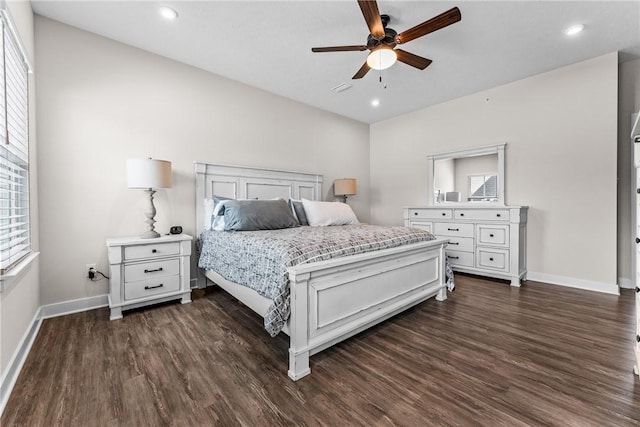 bedroom featuring dark wood-type flooring and ceiling fan