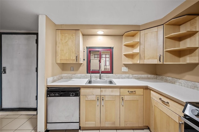 kitchen featuring stainless steel dishwasher, stove, sink, and light brown cabinets