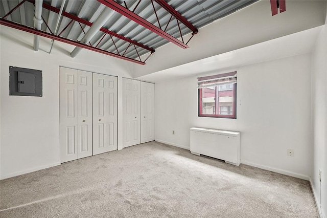 unfurnished bedroom featuring multiple closets, carpet flooring, and electric panel