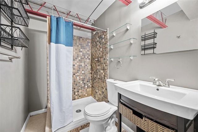 bathroom with tile patterned floors, toilet, and a shower with shower curtain