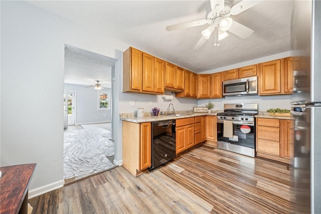 kitchen with ceiling fan, appliances with stainless steel finishes, sink, and light wood-type flooring