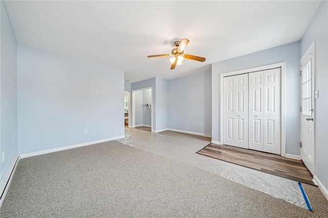 unfurnished bedroom with ceiling fan, light colored carpet, and a closet