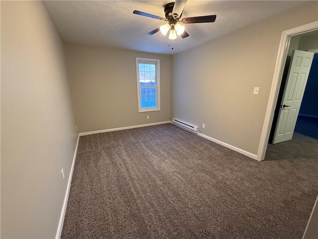 empty room with ceiling fan, dark carpet, and baseboard heating