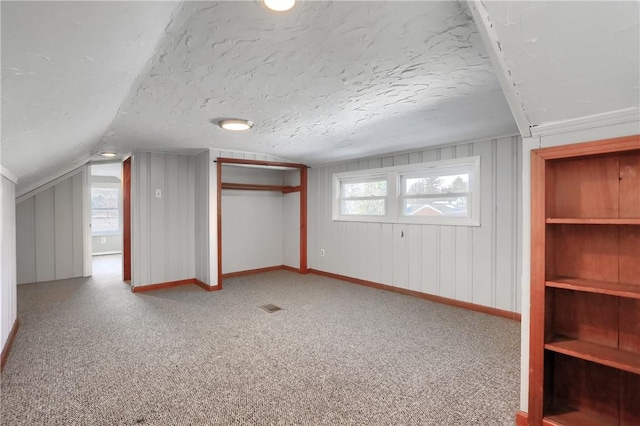 additional living space featuring vaulted ceiling, plenty of natural light, carpet floors, and a textured ceiling