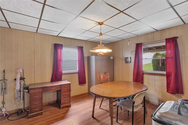 dining room featuring a drop ceiling and light hardwood / wood-style floors