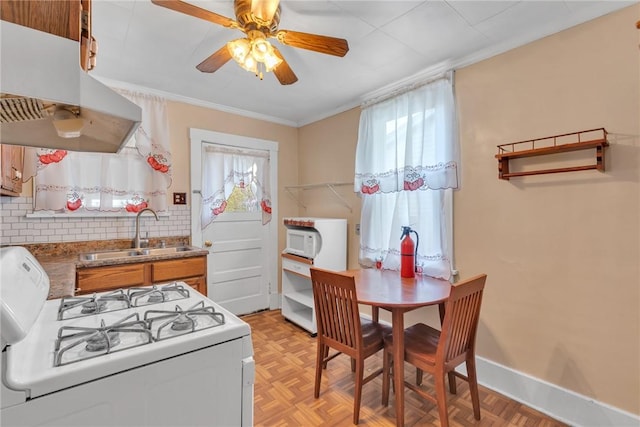 kitchen featuring white appliances, island exhaust hood, light parquet flooring, and sink