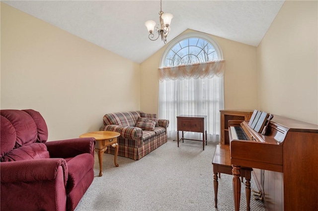 living area with lofted ceiling, carpet floors, and a notable chandelier