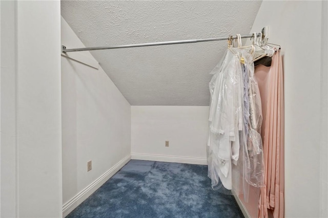 spacious closet with lofted ceiling and dark colored carpet