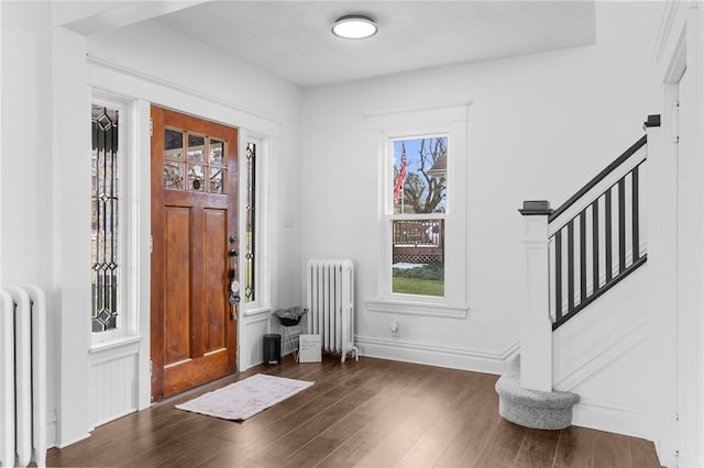 foyer featuring radiator heating unit, dark hardwood / wood-style floors, and a wealth of natural light