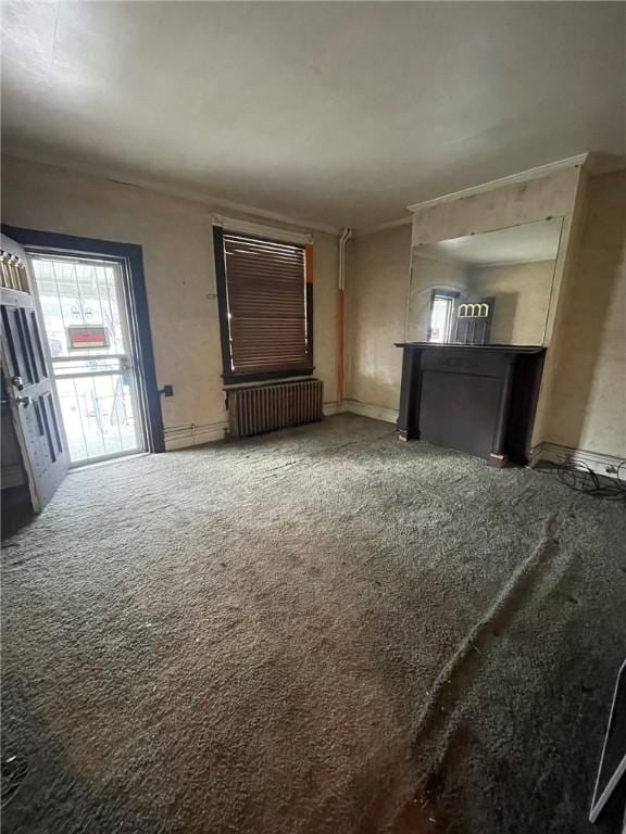 carpeted living room featuring radiator heating unit