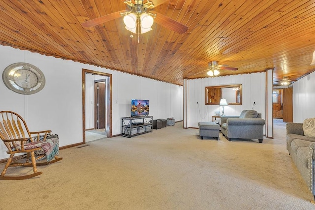 living room with wood ceiling and carpet