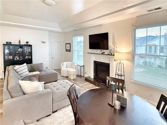 living room featuring a tray ceiling and a wealth of natural light