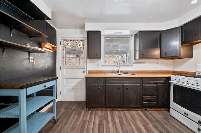 kitchen featuring white range oven, sink, and dark wood-type flooring