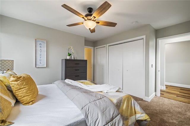 carpeted bedroom featuring ceiling fan