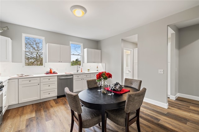 dining space featuring dark hardwood / wood-style floors and sink