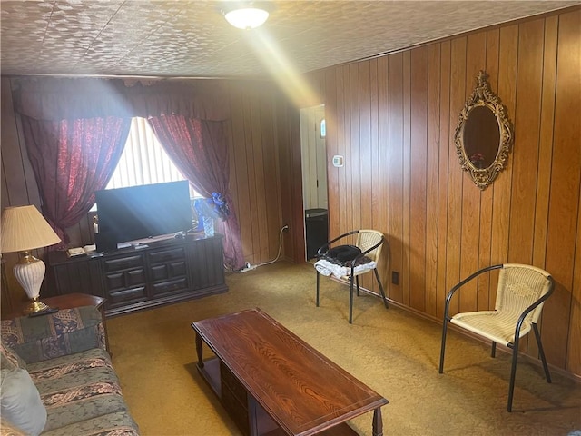 living room with carpet floors and wood walls