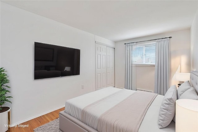 bedroom featuring wood-type flooring and a closet