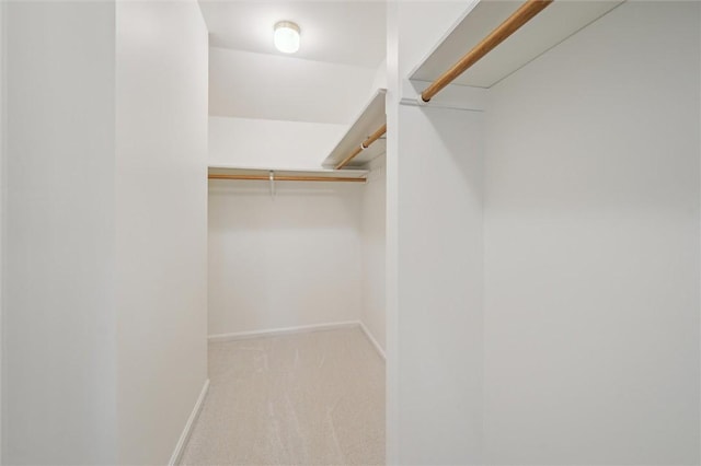 walk in closet featuring light colored carpet