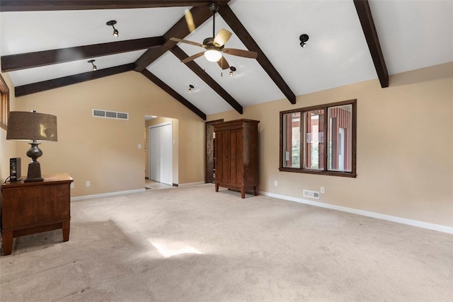 interior space with light carpet, beam ceiling, high vaulted ceiling, and ceiling fan