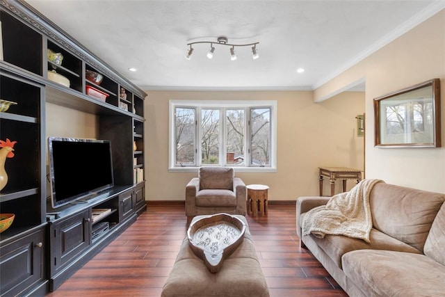 living room featuring ornamental molding and dark hardwood / wood-style flooring