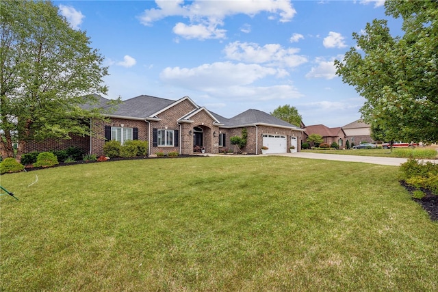 single story home with a garage and a front lawn