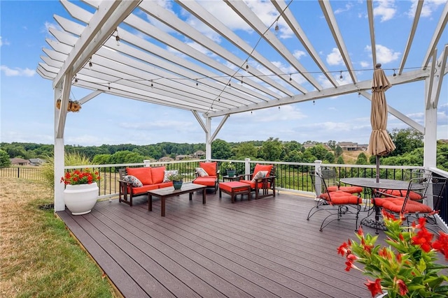 wooden deck with a pergola and an outdoor hangout area