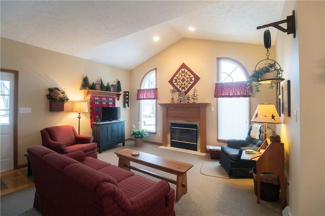 carpeted living room with a healthy amount of sunlight, vaulted ceiling, and a textured ceiling