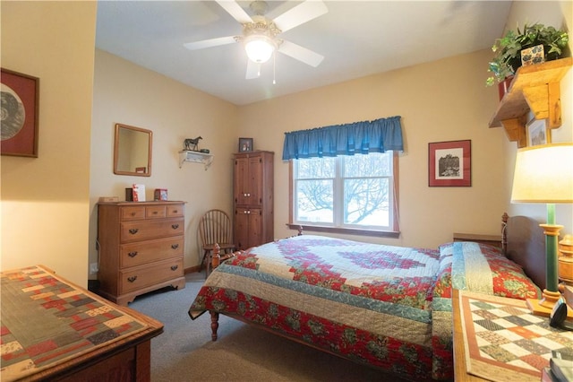 bedroom with ceiling fan and carpet