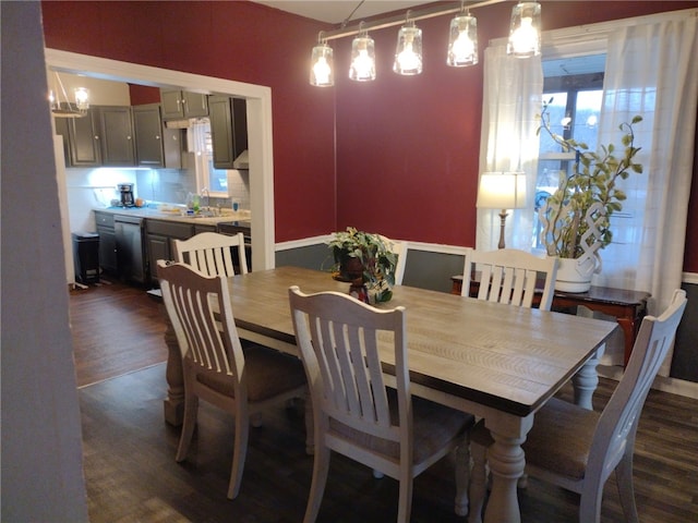 dining space featuring sink and dark hardwood / wood-style floors