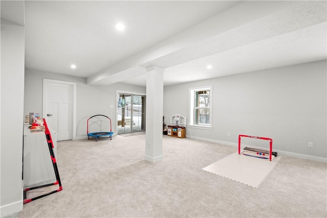 rec room featuring baseboards, carpet floors, and recessed lighting