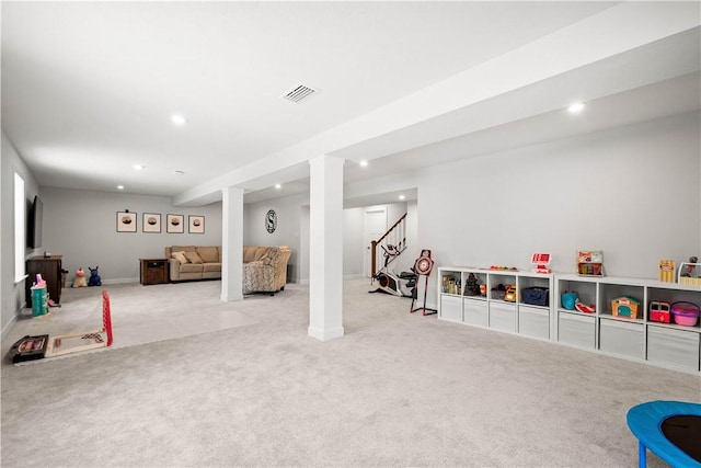 playroom featuring carpet flooring, visible vents, and recessed lighting