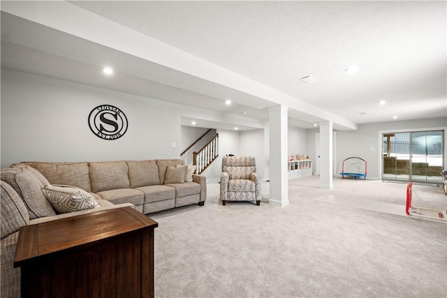 living room with baseboards, stairway, recessed lighting, and light colored carpet