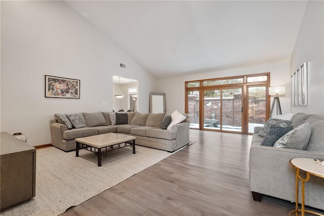 living room with hardwood / wood-style flooring and high vaulted ceiling