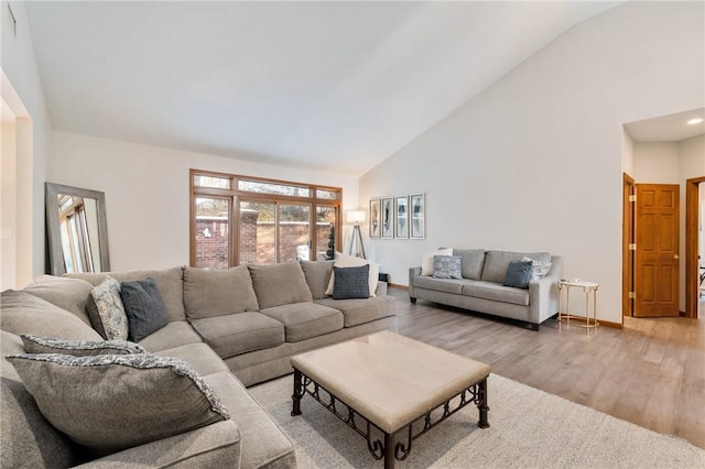 living room featuring wood-type flooring and high vaulted ceiling