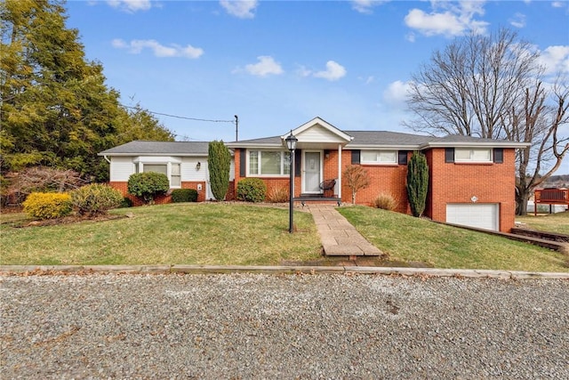 ranch-style home with a garage and a front yard