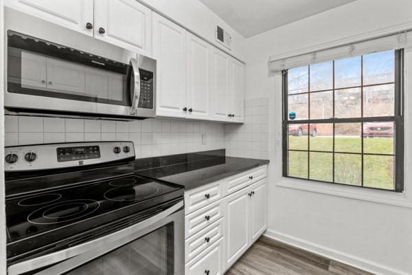 kitchen with tasteful backsplash, a wealth of natural light, stainless steel appliances, and white cabinets