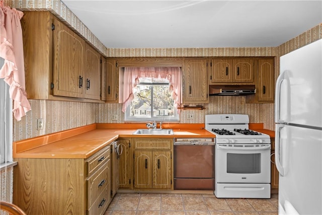 kitchen with tasteful backsplash, sink, and white appliances