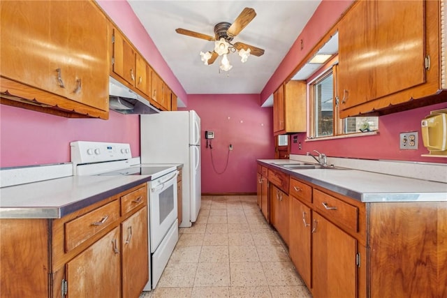 kitchen with ceiling fan, white appliances, and sink