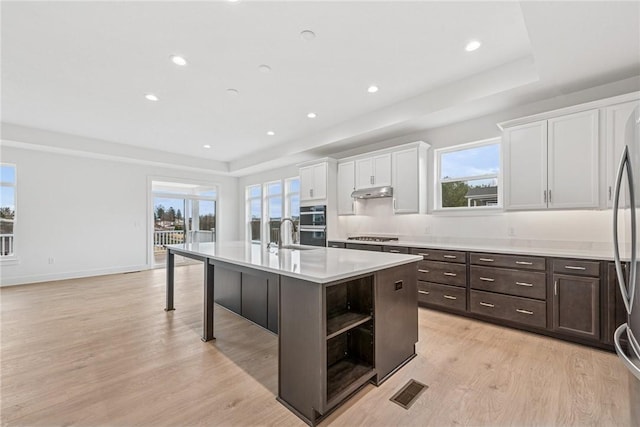 kitchen with a kitchen island with sink, white cabinetry, dark brown cabinetry, light countertops, and a raised ceiling