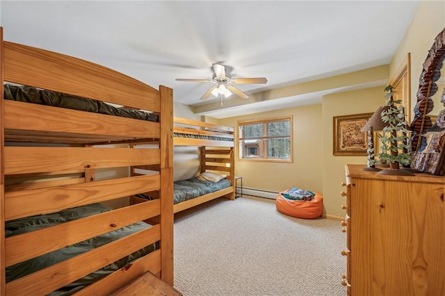 carpeted bedroom with a baseboard radiator and ceiling fan