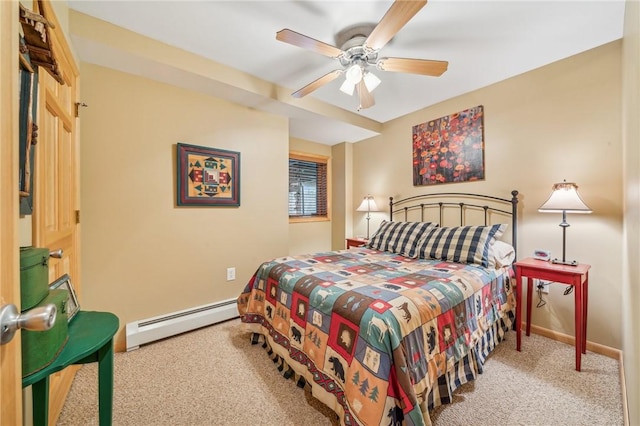 carpeted bedroom featuring ceiling fan and baseboard heating