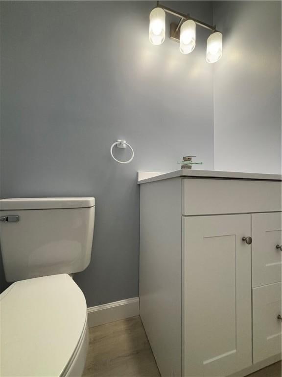 bathroom with vanity, wood-type flooring, and toilet