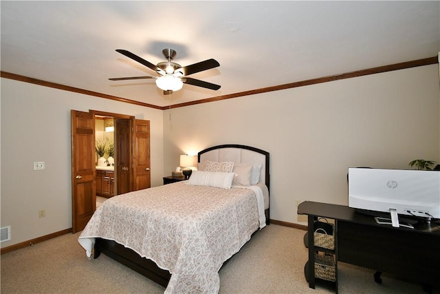 bedroom featuring ornamental molding, light carpet, and ceiling fan