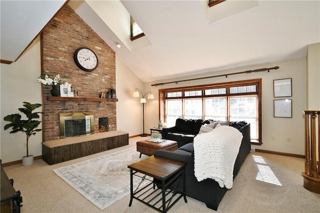 carpeted living room with a brick fireplace and high vaulted ceiling